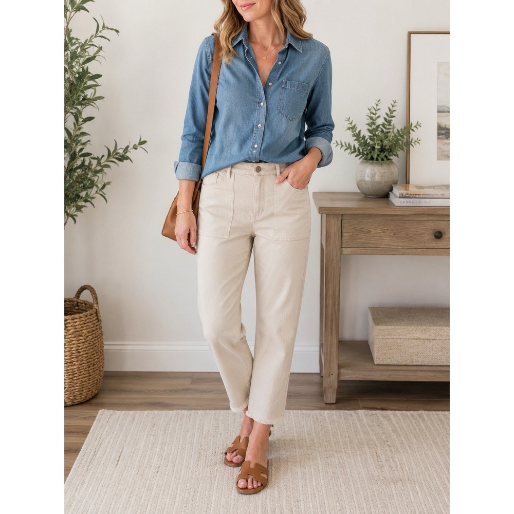 LOFT Utility Crop Jeans Women's 14 Beige High Rise Raw Hem Ankle Stretch Patch